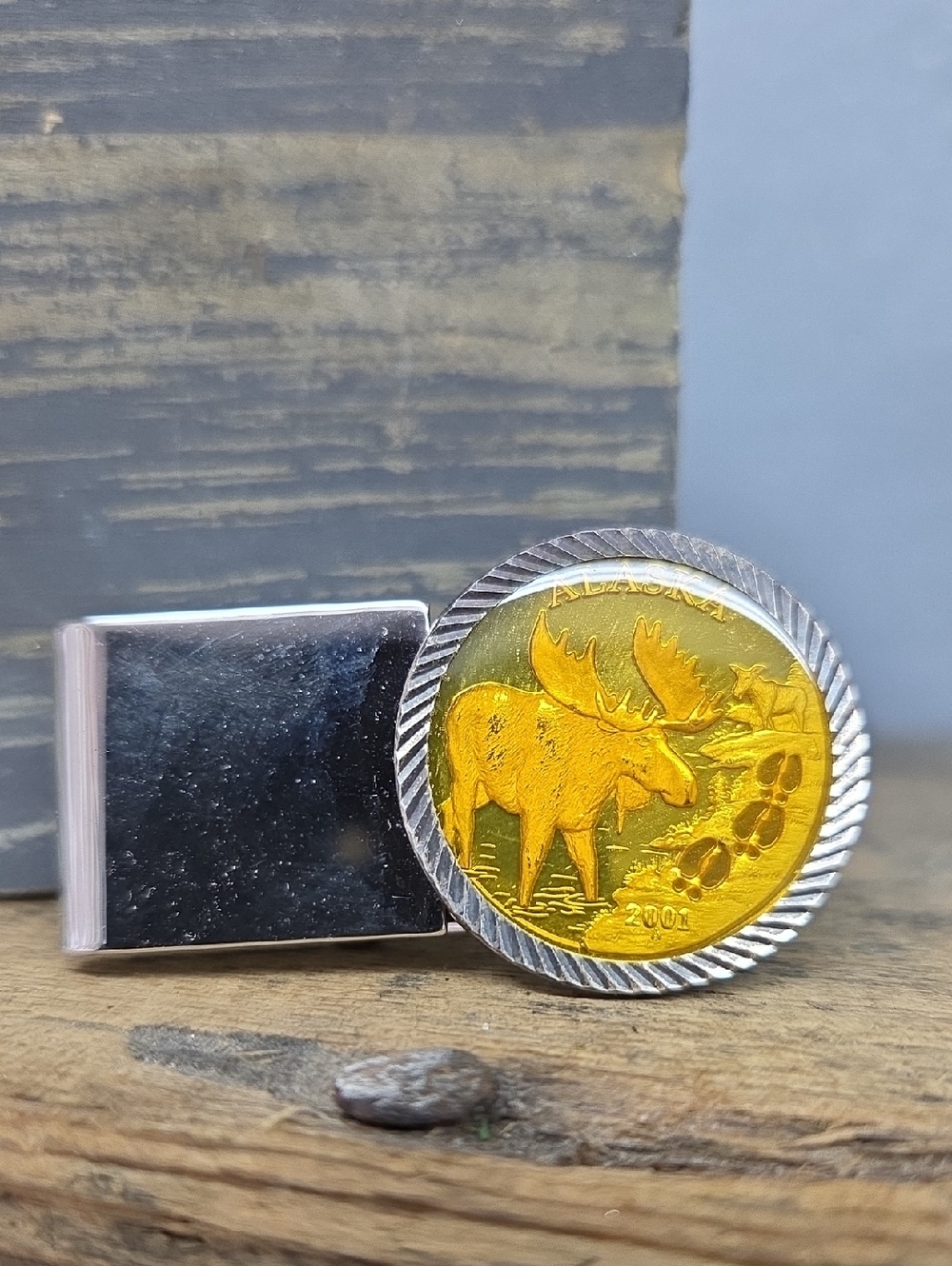 Silver Money Clip with 2001 Alaska Moose Coin -